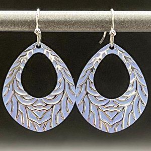 Silver Blue Feather Pattern Drop Earrings